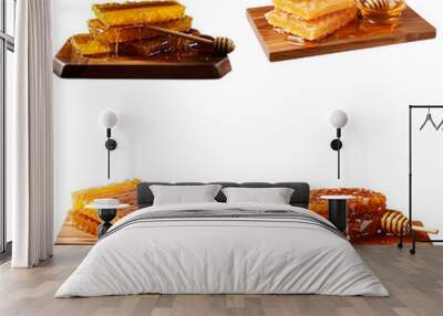 Piece of honeycomb dripping with natural honey on a wooden board Wall mural