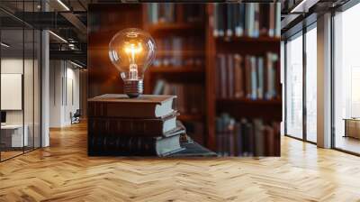 A light bulb on books in a library. The power of knowledge Wall mural