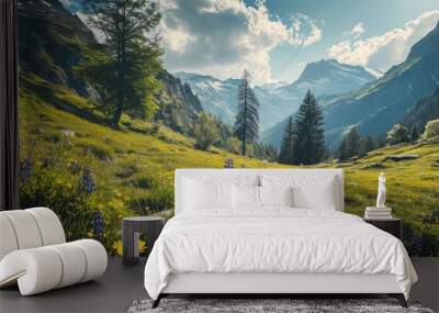 Idyllic mountain landscape in the Alps with blooming meadows in summer springtime Wall mural