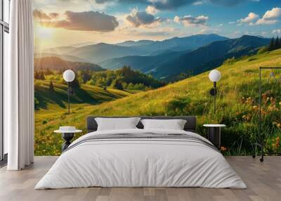 Idyllic mountain landscape in the Alps with blooming meadows in summer springtime Wall mural