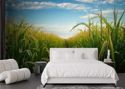 scenic view on the field of paddy. high grass plants and crops. blue sky in the background. Focus. Macro. wallpaper. Wall mural