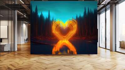 A neon heart shape time portal in an enchanted forest with a view to a magnificent aurora borealis of vibrant hues abstract wire world virtual reality glowing neon light reflection on water geometric  Wall mural