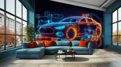 Concept Car with GPS tracking system concept illustration and UI and UX, Concept of tracking system, application development and blueprint for car tracking system , abs system and auto drive features Wall mural