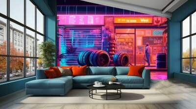 Japanese tire repair shop in the metaverse virtual reality world at night with neon light Wall mural