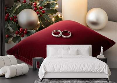 beautiful red velvet pillow holds two silver wedding rings, surrounded by festive decorations including holly, ornaments, and glowing candle, creating warm holiday atmosphere Wall mural