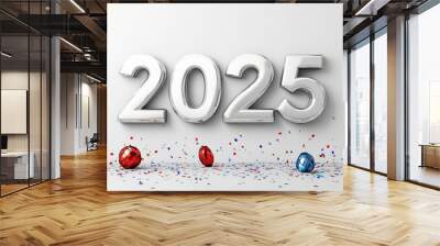 Celebrate arrival of new year with vibrant decorations and shiny numbers representing 2025, surrounded by colorful confetti and festive ornaments Wall mural