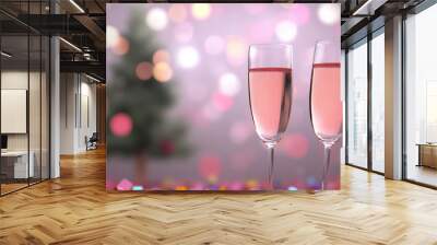 Cheers to celebration with two elegant champagne flutes filled with sparkling rose, set against festive backdrop of colorful bokeh lights and Christmas tree Wall mural