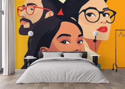 Diverse group of professionals showcasing collaboration and creativity, featuring three individuals with distinct styles and expressions against vibrant yellow background Wall mural