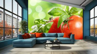 Fresh tomatoes and basil leaves glisten with water droplets, showcasing their vibrant colors against soft green background. This image captures essence of organic gardening and healthy eating Wall mural