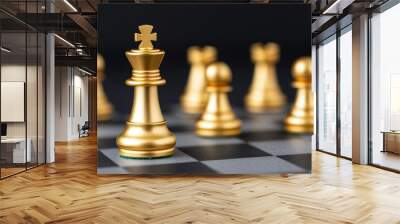 Golden chess pieces on black and white chessboard symbolize strategic thinking and calculated moves in financial decisions. gleaming surface reflects ambition and competition Wall mural