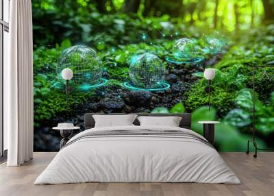 image showcases vibrant forest scene with glowing, digital globes representing Earth, symbolizing environmental protection and sustainability Wall mural