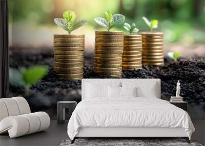 Investing in sustainable growth is symbolized by coins stacked with green plants emerging from soil, representing connection between finance and environmental responsibility Wall mural