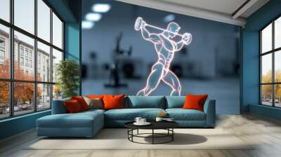 person lifting weights with holographic muscles showcases strength and determination in modern gym environment. futuristic design emphasizes fitness and technology Wall mural