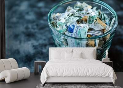 Shredded Paper in Glass Bowl on Dark Background - Financial Documents and Recycling Concept Wall mural