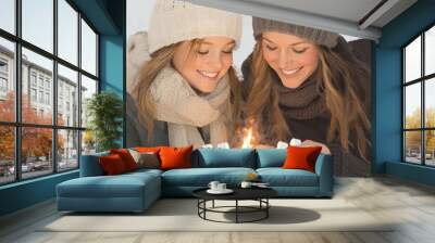 Two smiling women in winter clothing roasting marshmallows over a small fire, enjoying a snowy day together. Wall mural