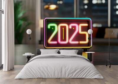 vibrant neon clock displaying year 2025, set against modern interior backdrop. colorful digits illuminate space, creating festive atmosphere for New Year celebration Wall mural