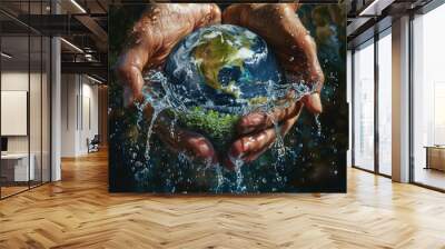 Vivid imagery of hands washing a vibrant Earth globe, with clear water flowing and splashing, symbolizing environmental care and cleanliness.. Wall mural