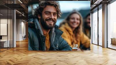 Happy Friends Enjoying Beer Together on a Camping Trip Wall mural