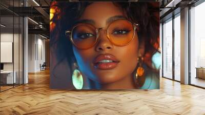 Stylish Woman with Yellow Glasses and Bokeh Lights Wall mural