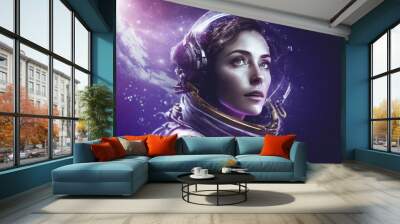 Attractive woman in spacesuit. Generative AI Wall mural