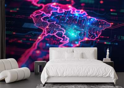 Digital Pulse: Neon Map of Latin America's Networks Wall mural