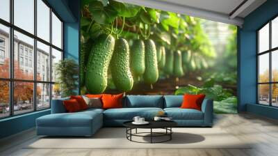 Fresh Cucumbers in a Stylish Greenhouse Surrounded by Lush Foliage Wall mural