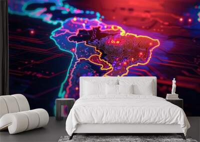 Glowing Routes: Neon Circuit Map of Latin America Wall mural