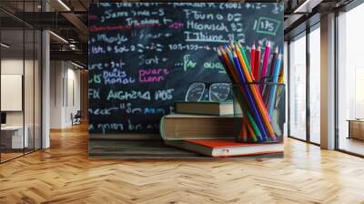 Math Classroom: Glasses and Books with Colored Pencils on Desk Wall mural