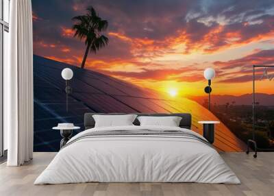 Modern Roof Solar Panels Against Sunset Wall mural