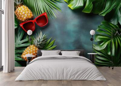 Sunglasses and Pineapple on a Beachy Background Wall mural