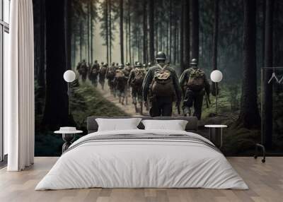 Troops marching in the forest. Generative AI Wall mural