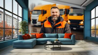 Trucker Posing Amidst a Row of Parked Trucks Wall mural