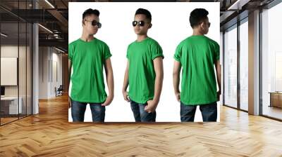 Blank shirt mock up template, front, side and back view, Asian teenage male model wearing plain green t-shirt isolated on white. Tee design mockup presentation for print Wall mural