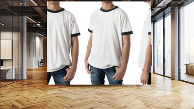 Blank shirt mock up template, front, side and back view, Asian teenage male model wearing plain white ringer t-shirt isolated on white. Tee design mockup presentation for print Wall mural