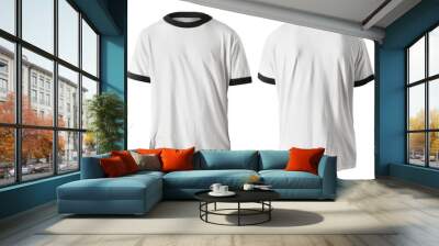 Blank shirt mock up template, front and back view,  plain ringer white t-shirt isolated on black. Tee design mockup presentation for print Wall mural