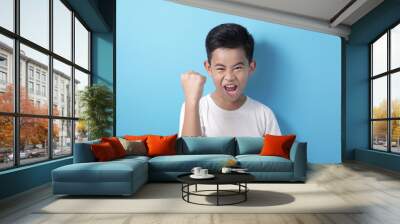 Happy success Asian boy shows winning gesture Wall mural