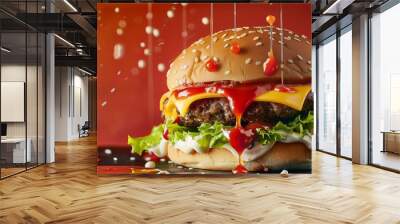  classic cheeseburger splashed on a wall or a board with dripping ketchup and mayonnaise sauce dripping with copyspace Wall mural