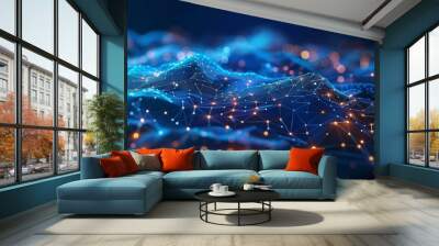 Abstract blue technology background with a cyber network grid and connected particles.  Wall mural