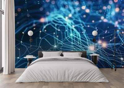 Abstract technology background of a quantum computing system with a cyber network grid and connected particles. Wall mural