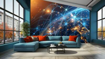 High-tech digital Earth with blue cyber network lines representing global connectivity  Wall mural