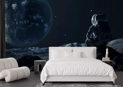 Lone astronaut gazes at Earth from the moon's surface Wall mural