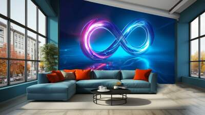 Neon symbol loop sign light background 3d line abstract infinite glow digital blue shape concept  Wall mural