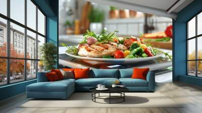 A delicious and healthy grilled chicken salad, beautifully plated with fresh vegetables, set in a modern kitchen with bright natural light and contemporary decor, ideal for healthy eating Wall mural