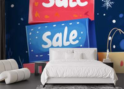 Colorful shopping bags with sale signs in winter background. Wall mural