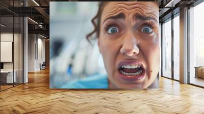 Dynamic Close-up of Anxious Woman at Dentist's Office, Wide-eyed and Worried Expression, Dental Anxiety Concept, Patient's Perspective in Modern Clinic Wall mural