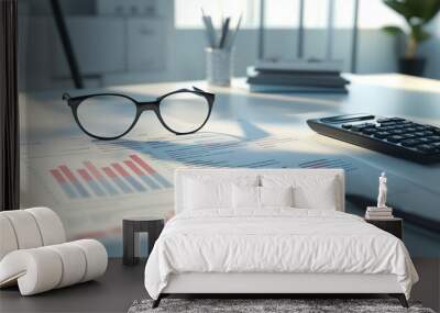 Eyeglasses, financial charts, and calculator on office desk in morning light Wall mural