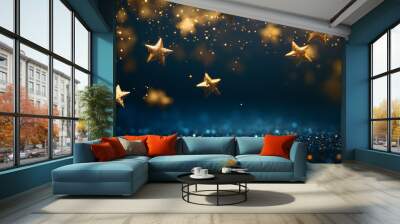 Golden stars on dark background, festive bokeh with glowing sparkle Wall mural