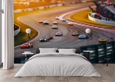 Panoramic View of a Grand Prix Race Track During Golden Hour, Dynamic Motorsport Event with Spectators and Racing Cars Speeding on the Circuit Wall mural