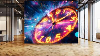 Vibrant clock with glowing numbers and sparks, concept of time and speed Wall mural