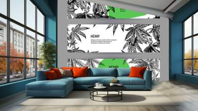 Banners with hemp leaves. Black-white design with marijuana. Vector illustration Wall mural